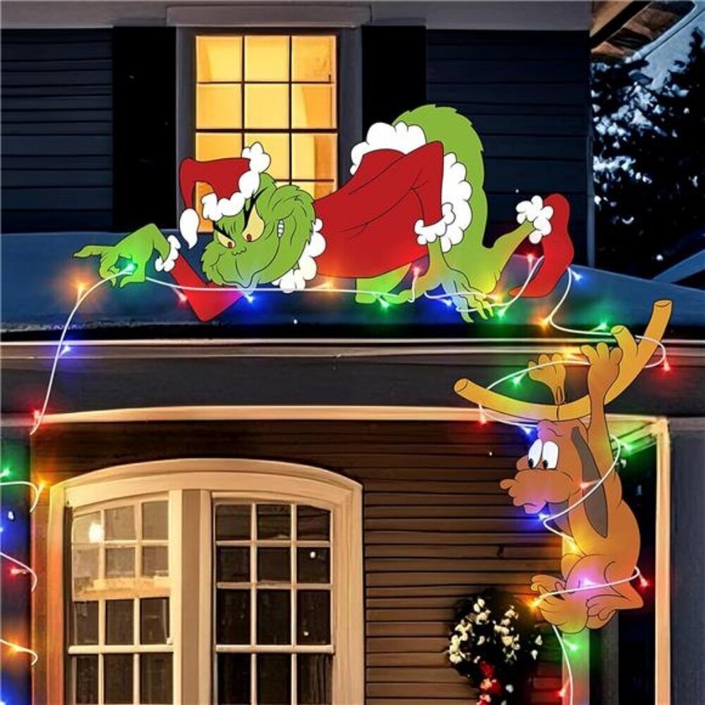 2pcs Green Gnome Stealing Lights Christmas Yard Decorations w LED String